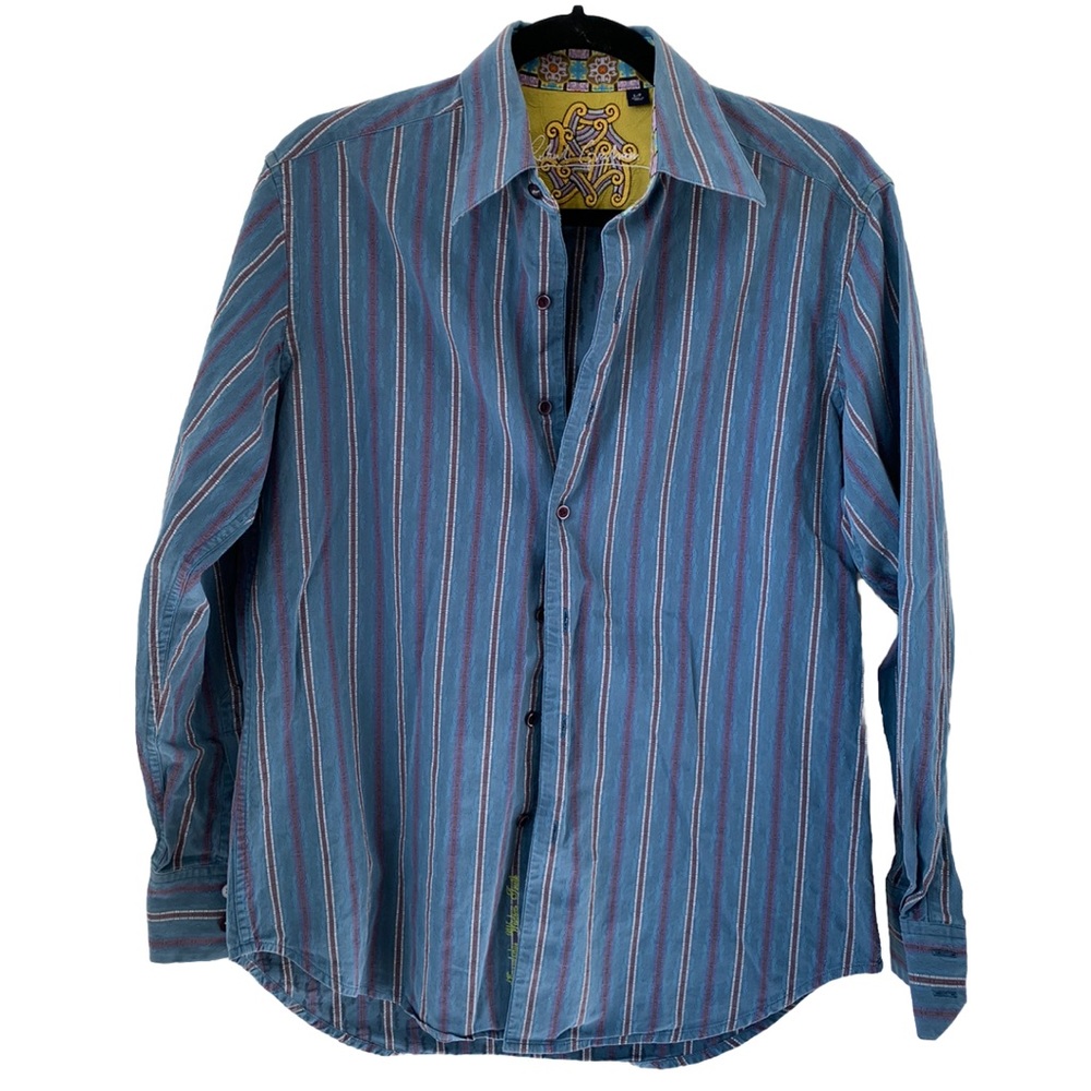 Robert‎ Graham Button Up Blue Purple Shirt Men's Sz S Striped Contrast Cuff Silk